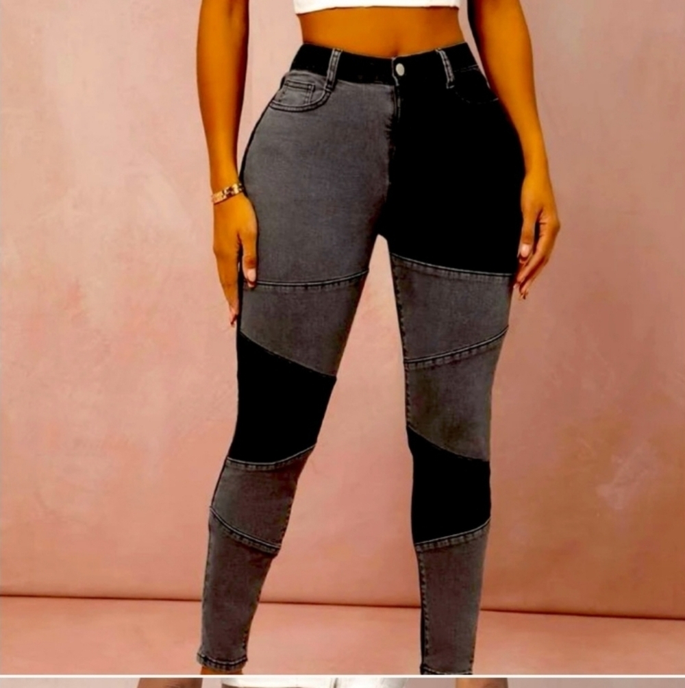 Patch Jeans super cute size M, Black & Gray, Stretchy, 15" Flat Waist, 11" Rise